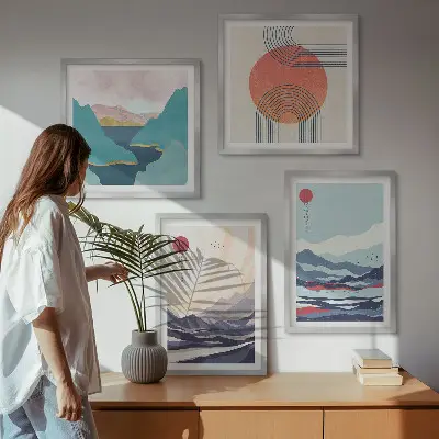 Conjunto de 4 quadros com moldura de paisagens montanhosas japonesas