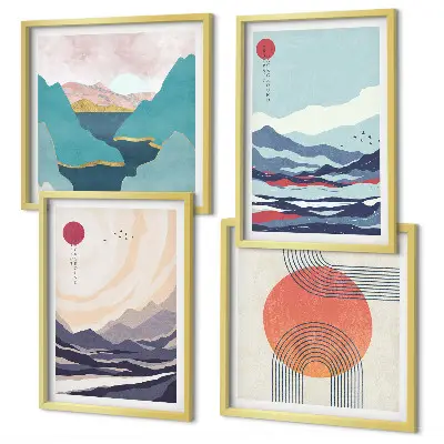 Conjunto de 4 quadros com moldura de paisagens montanhosas japonesas