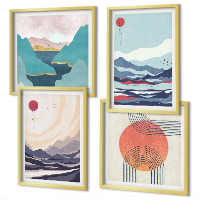 Conjunto de 4 quadros com moldura paisagens montanhosas japonesas