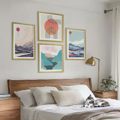 Conjunto de 4 quadros com moldura de paisagens montanhosas japonesas