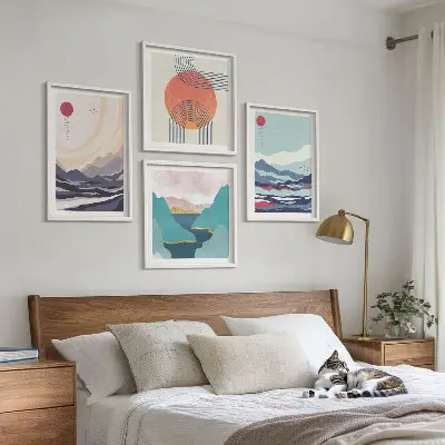 Conjunto de 4 quadros com moldura de paisagens montanhosas japonesas