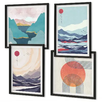 Conjunto de 4 quadros com moldura de paisagens montanhosas japonesas
