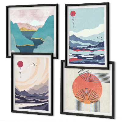 Conjunto de 4 quadros com moldura paisagens montanhosas japonesas