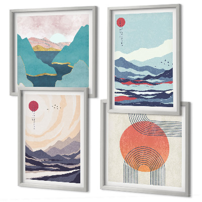 Conjunto de 4 quadros com moldura paisagens montanhosas japonesas