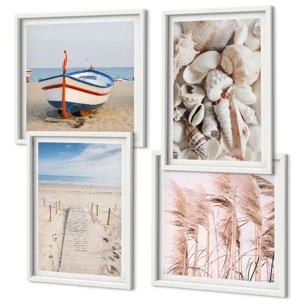 Políptico com moldura com tema de barco de praia, conchas e grama estilo boho