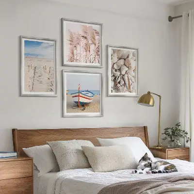 Políptico com moldura com tema de barco de praia, conchas e grama estilo boho