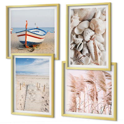 Políptico com moldura barco de praia conchas grama boho