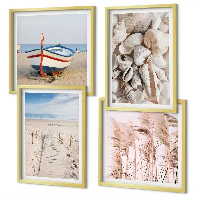 Políptico com moldura com tema de barco de praia, conchas e grama estilo boho