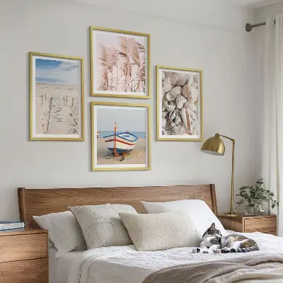 Políptico com moldura com tema de barco de praia, conchas e grama estilo boho