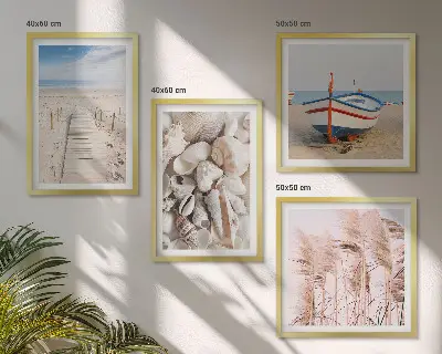 Políptico com moldura com tema de barco de praia, conchas e grama estilo boho