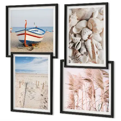 Políptico com moldura com tema de barco de praia, conchas e grama estilo boho