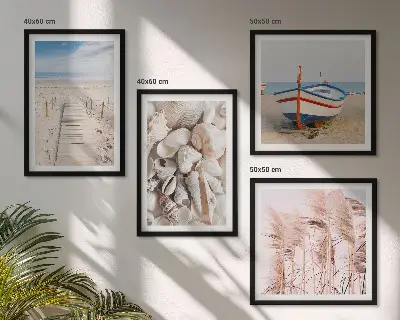 Políptico com moldura com tema de barco de praia, conchas e grama estilo boho