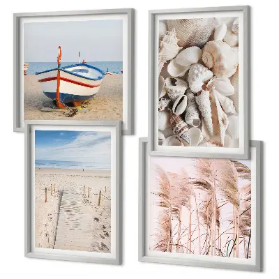 Políptico com moldura com tema de barco de praia, conchas e grama estilo boho