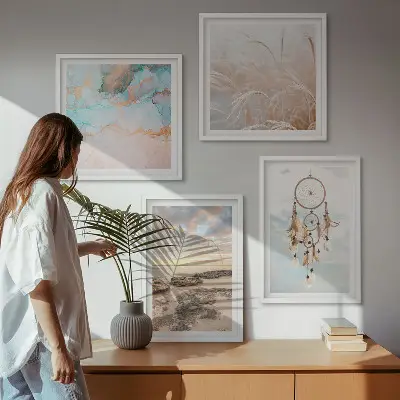 Composição de quadros mar de nuvens com apanhador de sonhos e grama