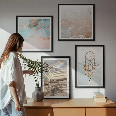 Composição de quadros mar de nuvens com apanhador de sonhos e grama