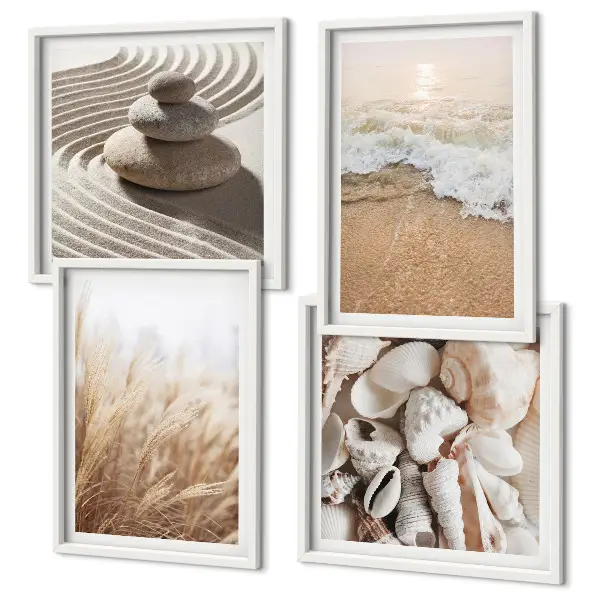 Conjunto de 4 quadros com moldura com motivos de praia, conchas e ondas