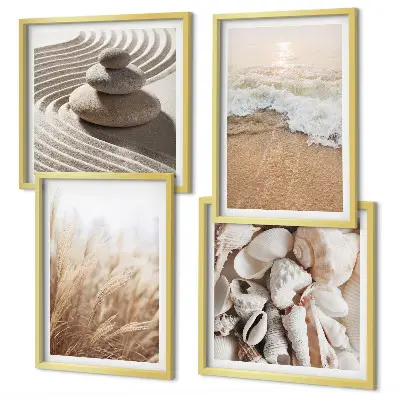 Conjunto de 4 quadros com moldura com motivos de praia, conchas e ondas