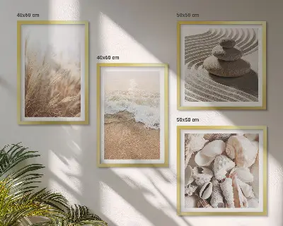 Conjunto de 4 quadros com moldura com motivos de praia, conchas e ondas
