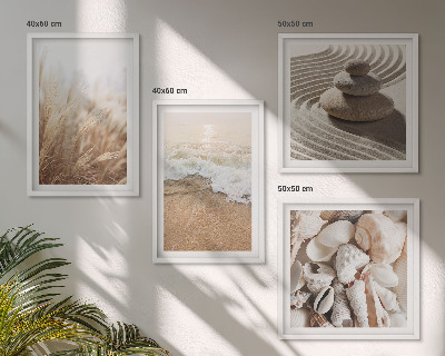 Conjunto de 4 quadros com moldura Motivos de praia, conchas e ondas.