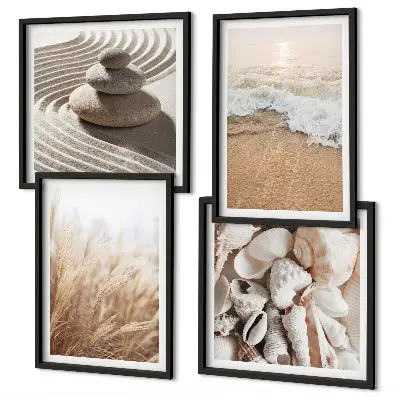 Conjunto de 4 quadros com moldura com motivos de praia, conchas e ondas