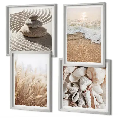 Conjunto de 4 quadros com moldura com motivos de praia, conchas e ondas