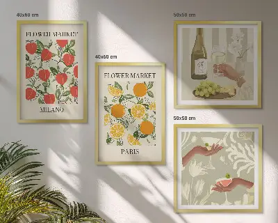Políptico com moldura com estampas de flores, vinho, Milão e Paris
