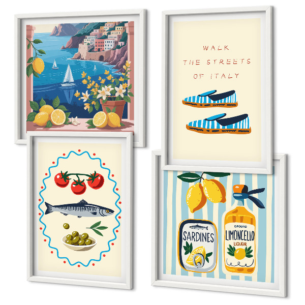 Conjunto de 4 quadros com moldura Imagens coloridas com sabores italianos