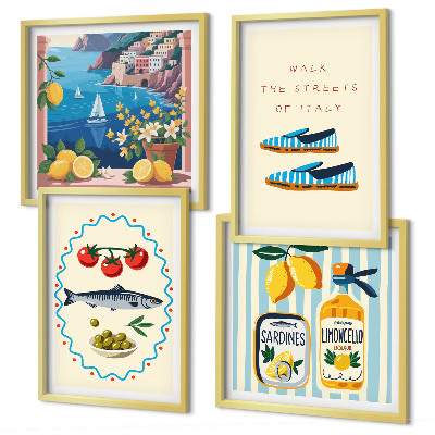 Conjunto de 4 quadros com moldura Imagens coloridas com sabores italianos