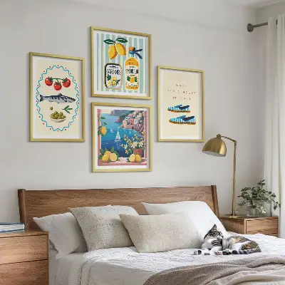 Conjunto de 4 quadros com moldura com imagens coloridas de sabores italianos