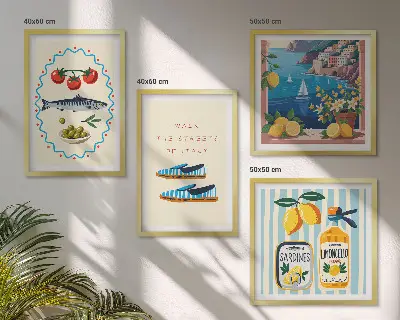 Conjunto de 4 quadros com moldura com imagens coloridas de sabores italianos
