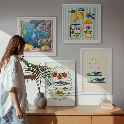 Conjunto de 4 quadros com moldura com imagens coloridas de sabores italianos