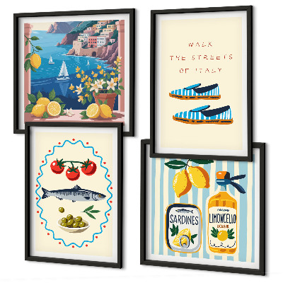 Conjunto de 4 quadros com moldura Imagens coloridas com sabores italianos