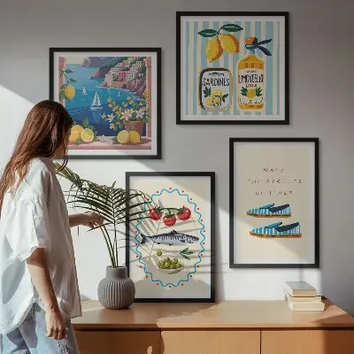 Conjunto de 4 quadros com moldura com imagens coloridas de sabores italianos