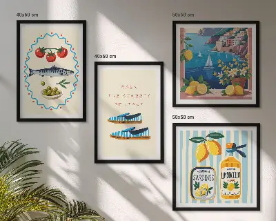Conjunto de 4 quadros com moldura com imagens coloridas de sabores italianos
