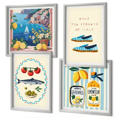 Conjunto de 4 quadros com moldura com imagens coloridas de sabores italianos