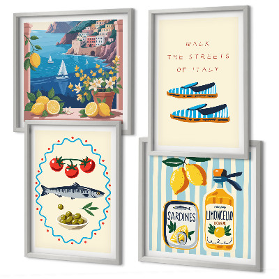 Conjunto de 4 quadros com moldura Imagens coloridas com sabores italianos