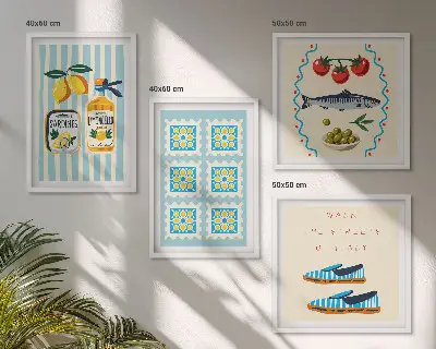 Políptico com moldura com estampas de frutas e cultura italiana