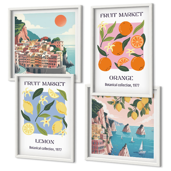 Conjunto de 4 quadros com moldura Cartazes de frutas: limões, laranjas