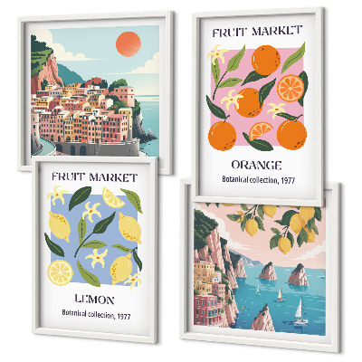 Conjunto de 4 quadros com moldura Cartazes de frutas: limões, laranjas