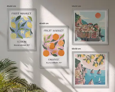 Conjunto de 4 quadros com moldura estampa de cartazes de frutas com limões e laranjas