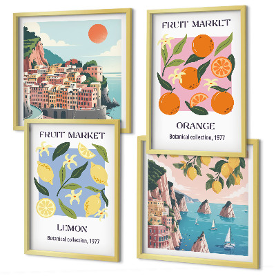Conjunto de 4 quadros com moldura Cartazes de frutas: limões, laranjas