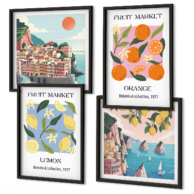 Conjunto de 4 quadros com moldura Cartazes de frutas: limões, laranjas