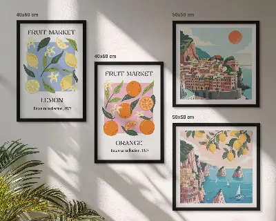 Conjunto de 4 quadros com moldura estampa de cartazes de frutas com limões e laranjas