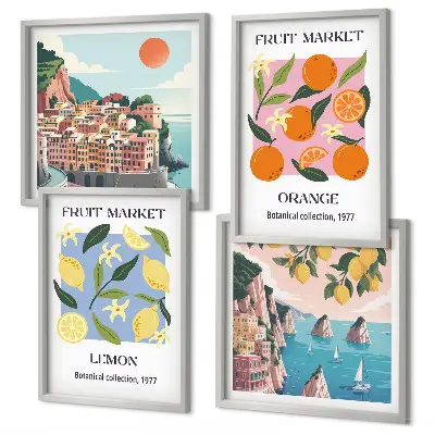 Conjunto de 4 quadros com moldura estampa de cartazes de frutas com limões e laranjas