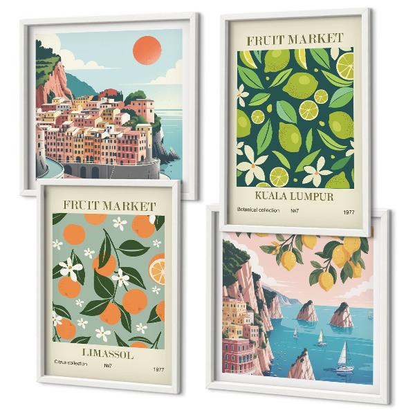 Composição de quadros pôsteres vintage com estampas de frutas