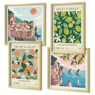 Composição de quadros pôsteres vintage com estampas de frutas