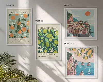 Composição de quadros com pôsteres vintage de estampas de frutas