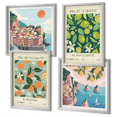 Composição de quadros pôsteres vintage com estampas de frutas
