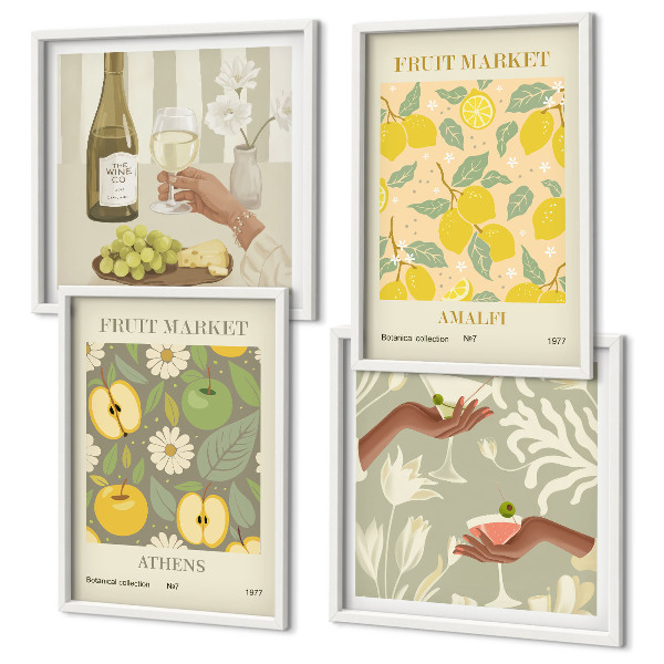 Conjunto de 4 quadros com moldura Padrões frutados vinho italiano