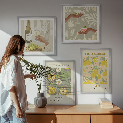 Conjunto de 4 quadros com moldura Padrões frutados vinho italiano